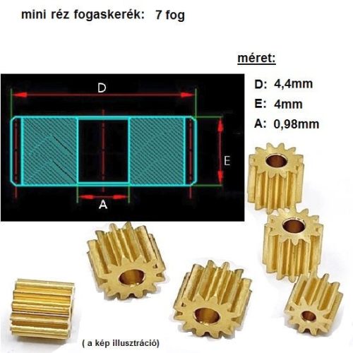 mini sárgaréz fogaskerék 7 fog,  0,98mm furat (pl:RC autó-, repülőgép modell)