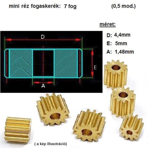 mini sárgaréz fogaskerék 7 fog,  1,48mm furat (pl:RC autó-, repülőgép modell)