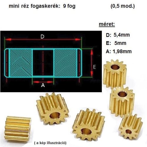 mini sárgaréz fogaskerék 9 fog,  1,98mm furat (pl:RC autó-, repülőgép modell)