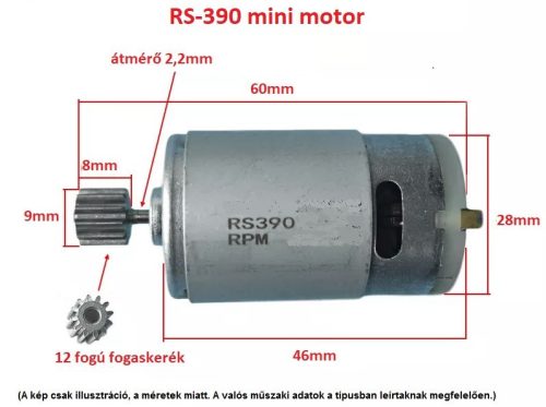 RS-390 EGYENÁRAMÚ 12T FOGASKERÉKKEL SZERELT RS390 MINI MOTOR, DC 12V / 20000 FORDULAT, gyerek elektromos autó jármű alkatrész