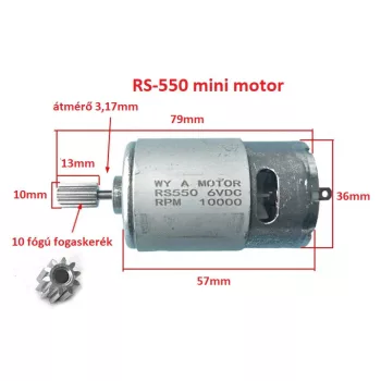   RS-550 EGYENÁRAMÚ 10T FOGASKERÉKKEL SZERELT RS550 MINI MOTOR, DC 12V / 40000 FORDULAT, gyerek elektromos autó jármű alkatrész