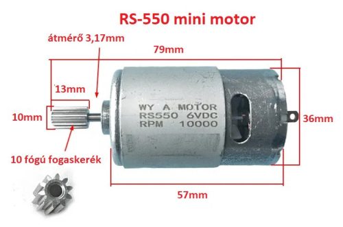 RS-550 EGYENÁRAMÚ 10T FOGASKERÉKKEL SZERELT RS550 MINI MOTOR, DC 12V / 40000 FORDULAT, gyerek elektromos autó jármű alkatrész