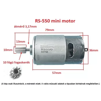   RS-550 EGYENÁRAMÚ 10T FOGASKERÉKKEL SZERELT RS550 MINI MOTOR, DC 12V / 10000 FORDULAT, gyerek elektromos autó jármű alkatrész