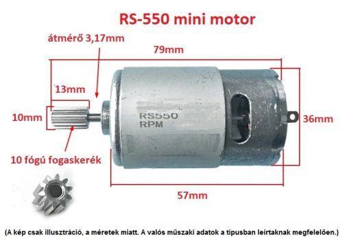 RS-550 EGYENÁRAMÚ 10T FOGASKERÉKKEL SZERELT RS550 MINI MOTOR, DC 12V / 10000 FORDULAT, gyerek elektromos autó jármű alkatrész