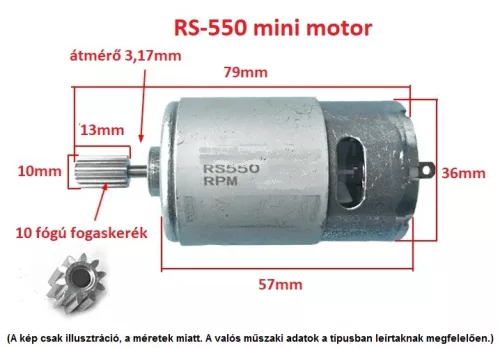 RS-550 EGYENÁRAMÚ 10T FOGASKERÉKKEL SZERELT RS550 MINI MOTOR, DC 24V / 12000 FORDULAT, gyerek elektromos autó jármű alkatrész