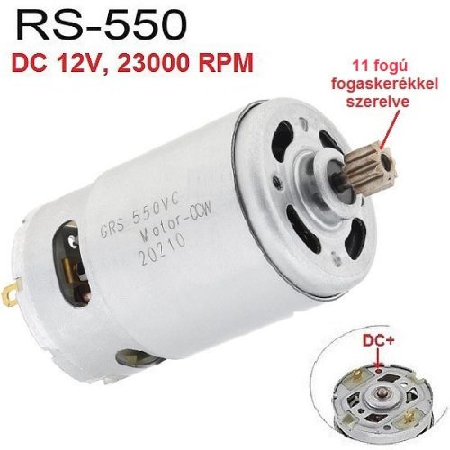 RS-550 egyenáramú 11T fogaskerékkel szerelt RS550 motor, DC 12V, 23000 fordulat,  akkus Li-ion akkumulátoros gépekhez 