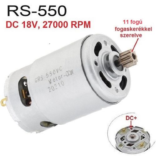 RS-550 egyenáramú 11T fogaskerékkel szerelt RS550 motor, DC 18V, 27000 fordulat,  akkus Li-ion akkumulátoros gépekhez 