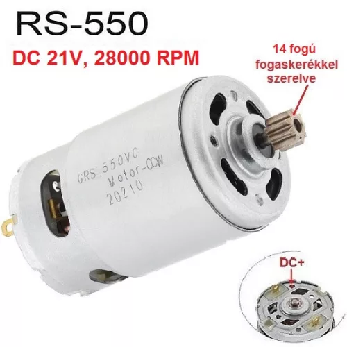 RS-550 DC voltage 14T gear-mounted RS550 motor, DC 21V, 27500-28000 RPM, 60W, Li-ion accu tool 