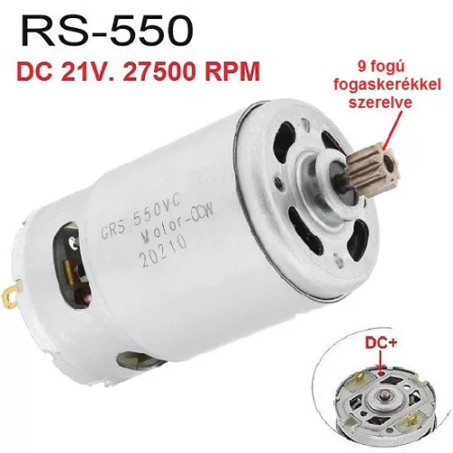 RS-550 DC voltage   9T gear-mounted RS550 motor, DC 21V, 27500 RPM, 60W,  for cordless Li-ion battery machines, power tools