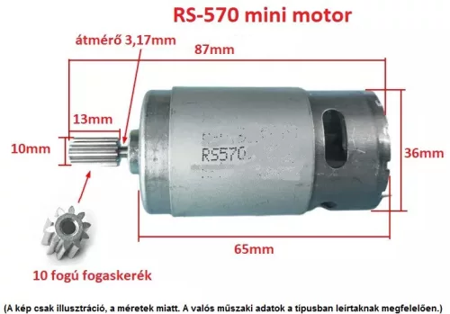 RS-570 EGYENÁRAMÚ 10T FOGASKERÉKKEL SZERELT RS570 MINI MOTOR, DC 12V /35000 FORDULAT, gyerek elektromos autó jármű alkatrész